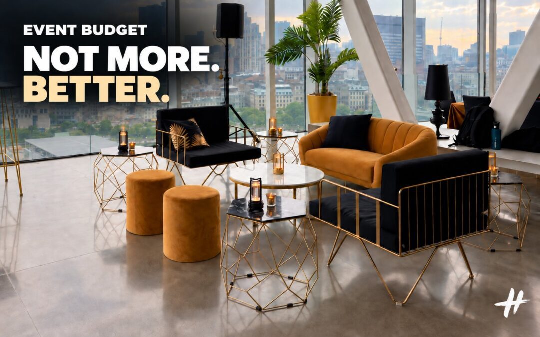 Salon lounge moderne avec canapés noirs et orange, tables marbre et socles dorés, baie vitrée et vue urbaine.