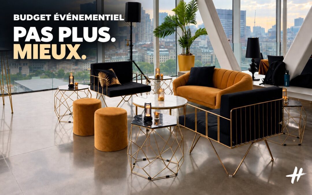 Salon moderne avec mobilier noir et doré et vue urbaine par grandes fenêtres.